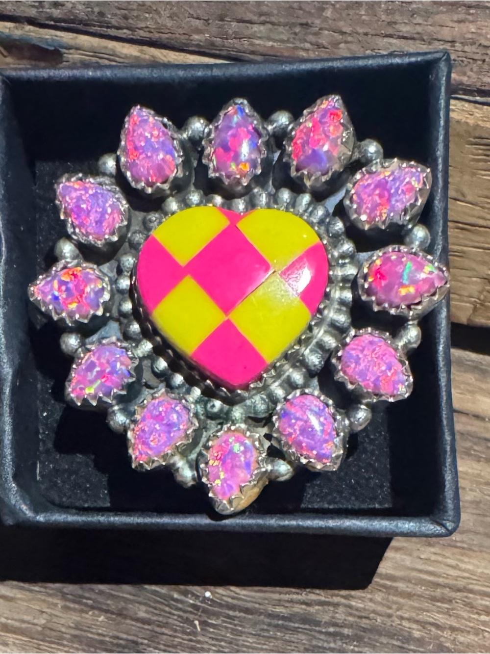 Hot pink opal Ring in Pink and Yellow checkered heart
